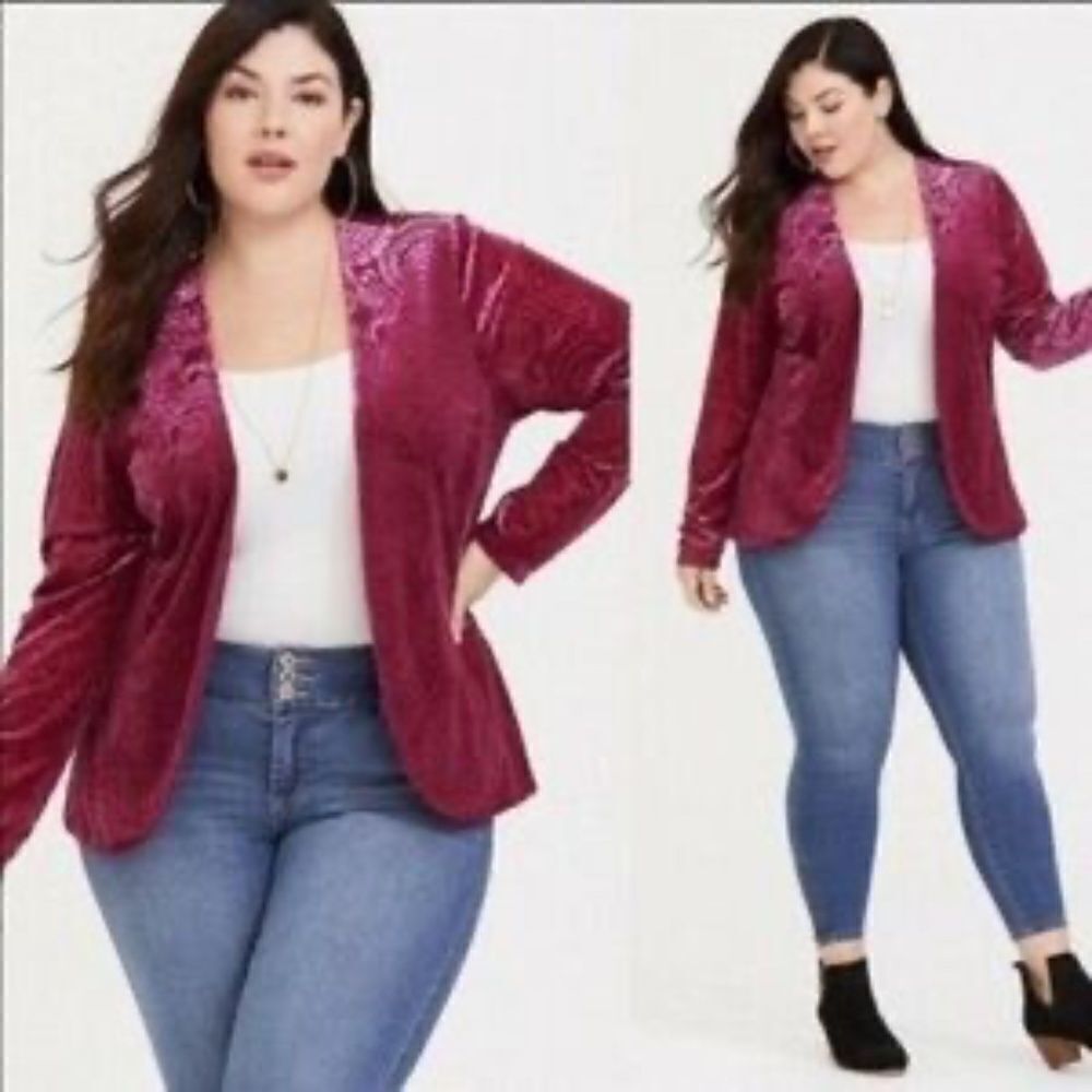 Torrid Burgundy Burnout Velour Blazer Open Cardigan 10/12 Sz 00